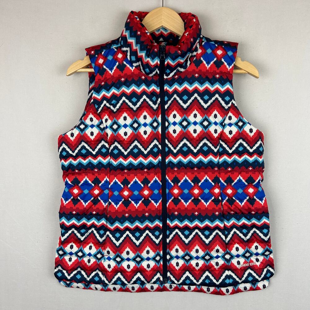 Lands' End Aztec Down Puffer Vest Full Zip Red/Blue Women's Size S